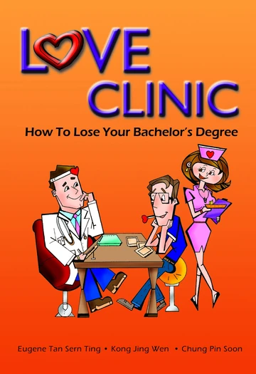 Front cover of Love Clinic – How to Lose Your Bachelor's Degree, with a cartoon couple on a date